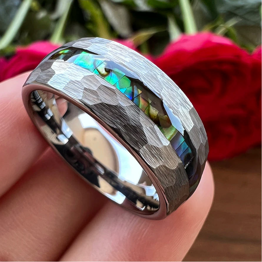Hammered Tungsten Ring with Abalone Shell 