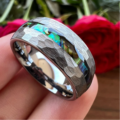 Hammered Tungsten Ring with Abalone Shell 