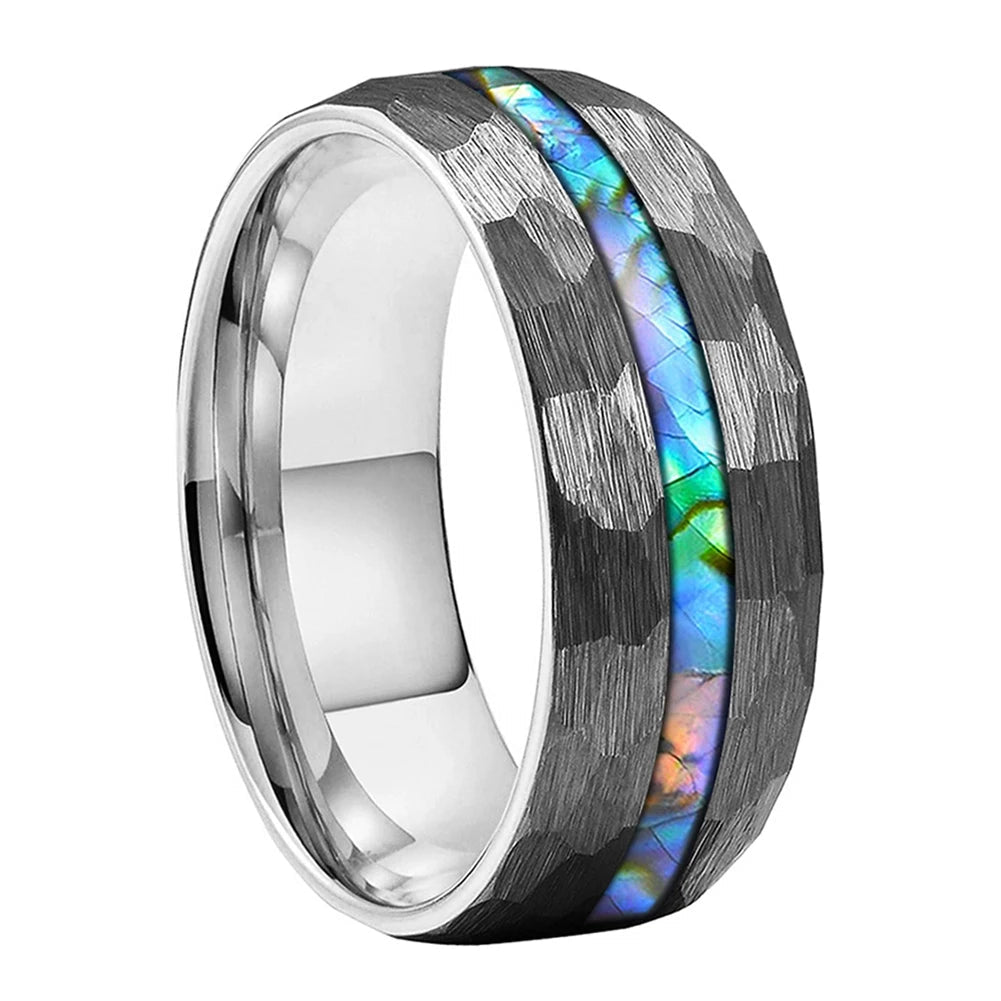 Hammered Tungsten Ring with Abalone Shell Inlay 