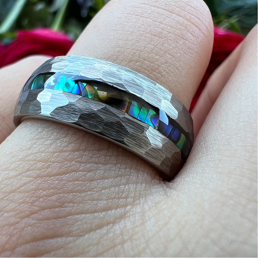 Hammered Tungsten Ring with Ocean Abalone Shell 