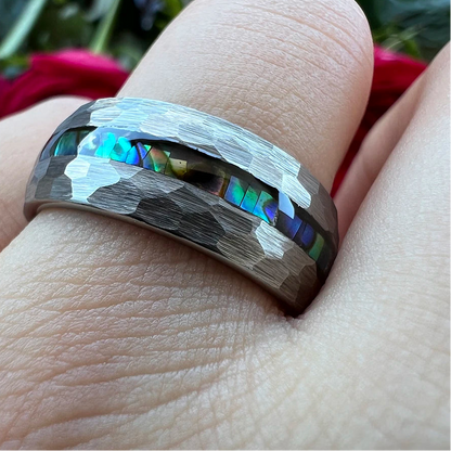 Hammered Tungsten Ring with Ocean Abalone Shell 