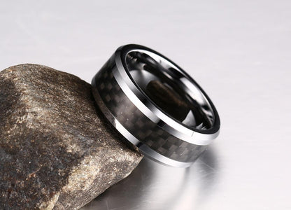 8mm Black Carbon Fiber Inlay & Beveled Edges Silver Tungsten Men's Ring