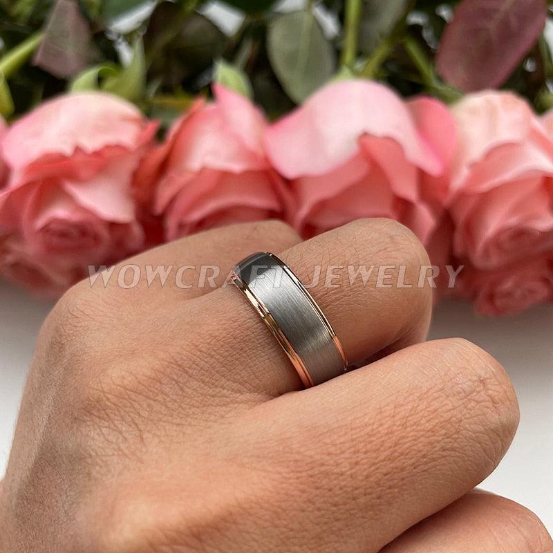 8mm Centre Brushed Silver & Rose Gold Tungsten Men's Ring