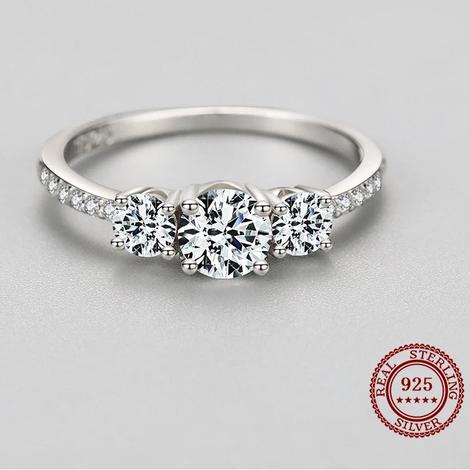 Women's 925 Sterling Silver Three-Stone Round Zirconia Ring - Trilogy Engagement & Wedding Ring