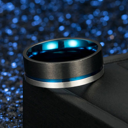 8mm Electroplate Blue, Black & Silver Tungsten Men's Ring