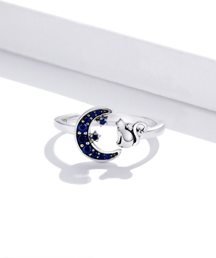Moon, Stars & Cat 925 Sterling Silver Adjustable Women's Ring