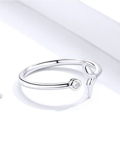 Minimalist Whale Tail & Round CZ Stone 925 Sterling Silver Adjustable Women's Ring