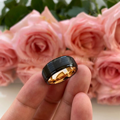 8mm Black Matte Brushed & Rose Gold Men's Ring