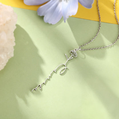 Personalized Birth Flower & Vertical Cursive Nameplate 925 Sterling Silver Copper Necklace