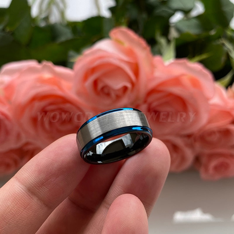 8mm Silver, Black & Blue Edges Tungsten Men's Ring