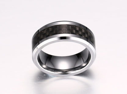 8mm Black Carbon Fiber Inlay & Beveled Edges Silver Tungsten Men's Ring
