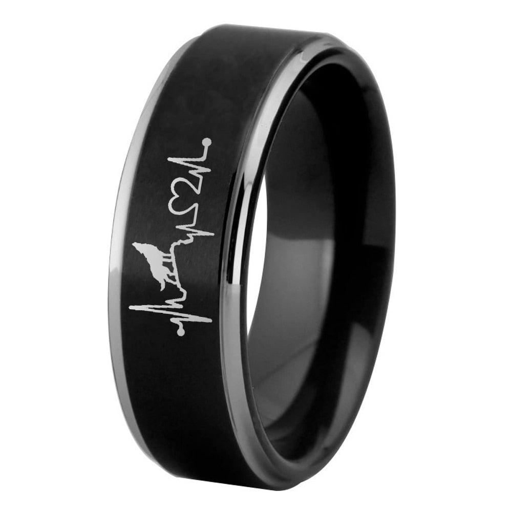 Wolf With Heart Beat Black & Silver Edges Tungsten Unisex Ring
