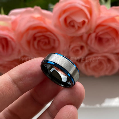 8mm Silver, Black & Blue Edges Tungsten Men's Ring