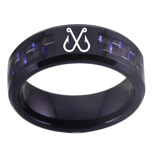 8mm Fishing Hooks With Carbon Fiber Inlay Black Tungsten Unisex Ring