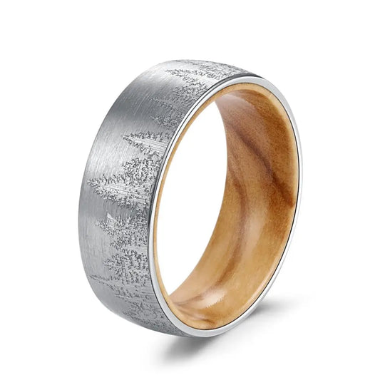 8mm Christmas Pine Trees Forest Olive Wood Tungsten Mens Ring
