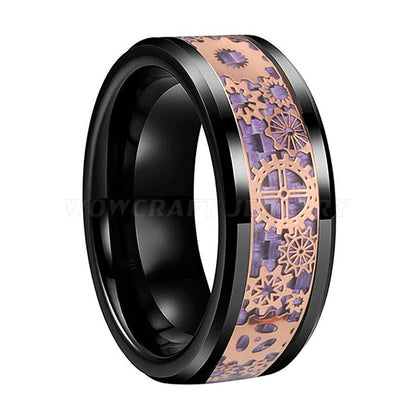 6mm, 8mm Rose Gold Gears Purple Carbon Fibre Inlay Black Tungsten Men's Ring