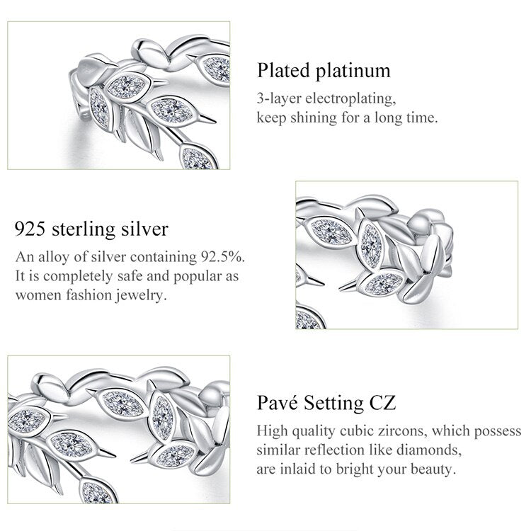 Nature Leaves CZ Stones 925 Sterling Silver Shining Adjustable Women's Ring