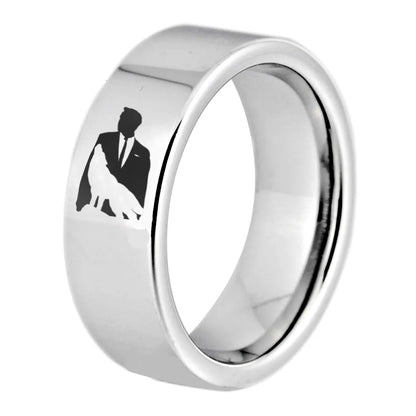8mm Man With Wolf Design Silver Polished Tungsten Men's Ring
