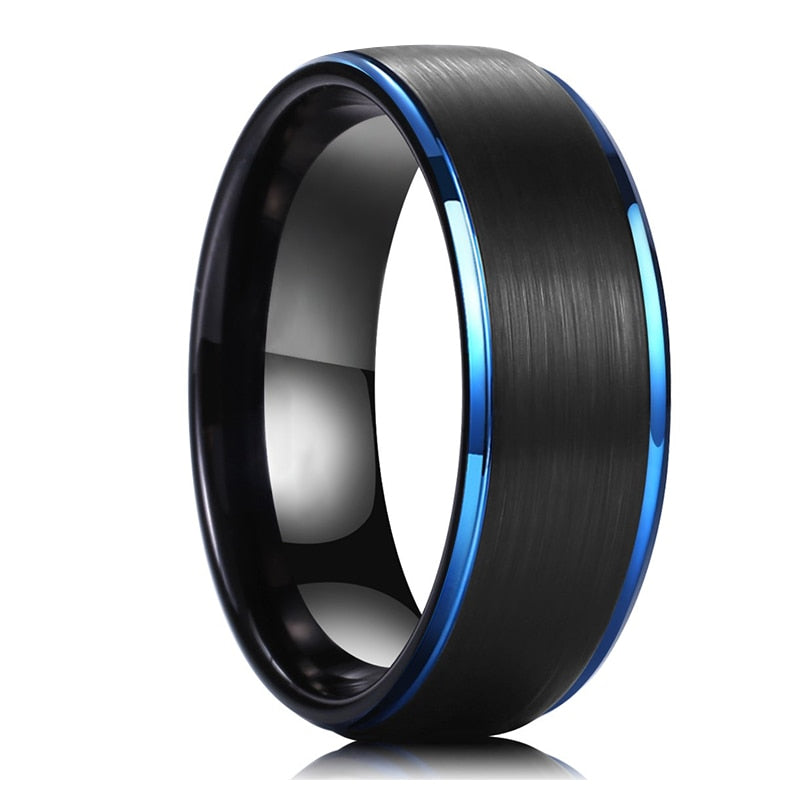 8mm Black & Blue Edges Tungsten Men's Ring