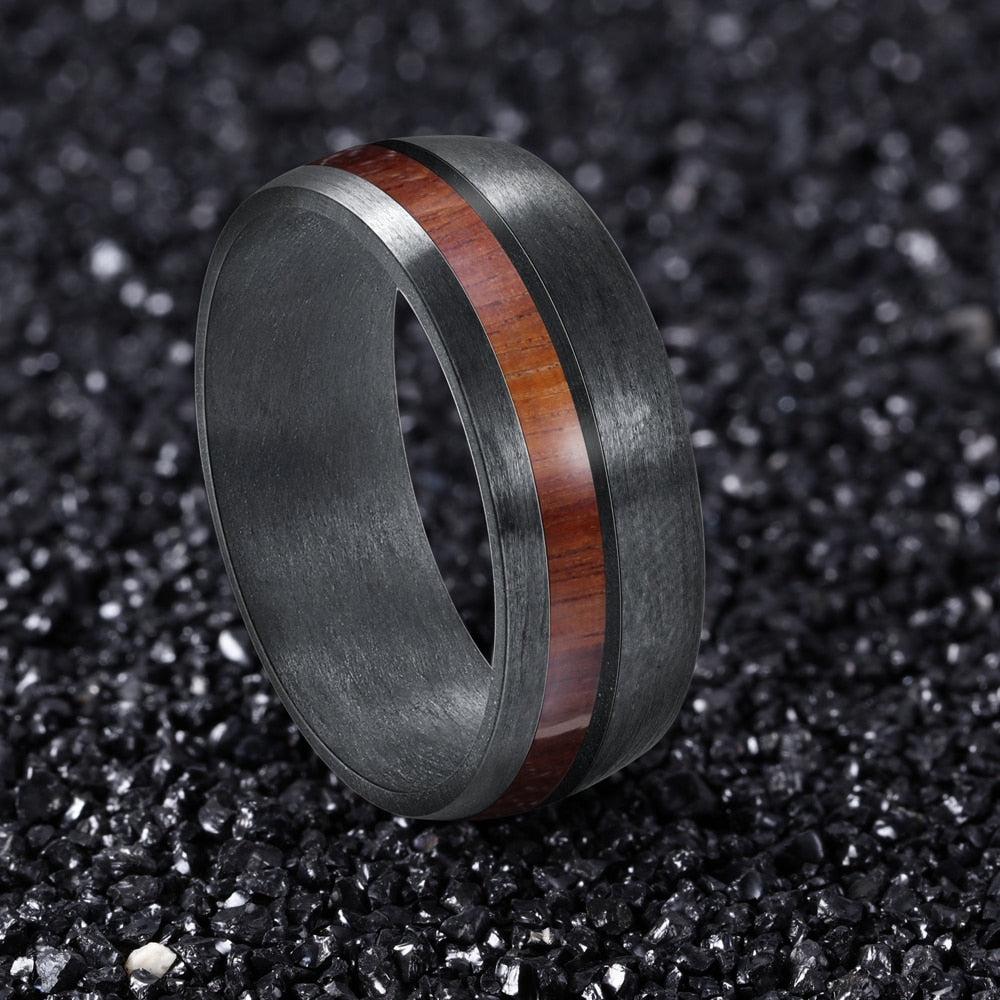 8mm Wood Inlay & Black Carbon Fibre Men's Ring