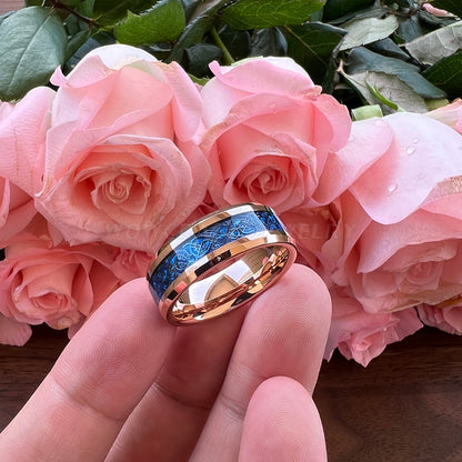 8mm Blue Dragon Carbon Fibre Inlay Rose Gold Tungsten Men's Ring