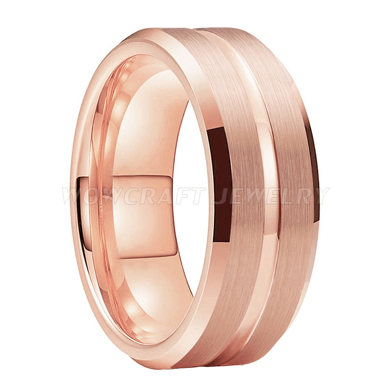 6mm, 8mm Center Grooved Rose Gold Tungsten Unisex Ring