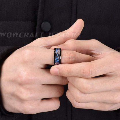 8mm Gears Blue Carbon Fibre Rose Gold & Black Tungsten Men's Ring