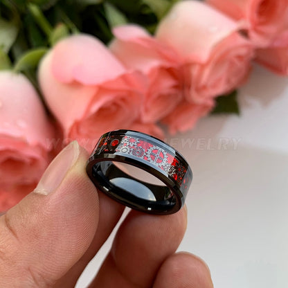 6mm, 8mm Gears Red Opal Inlay Black Unisex Ring