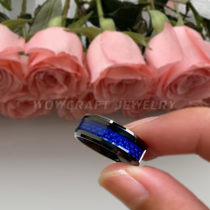 8mm Blue Carbon Beveled Edges Black Tungsten Men's Ring