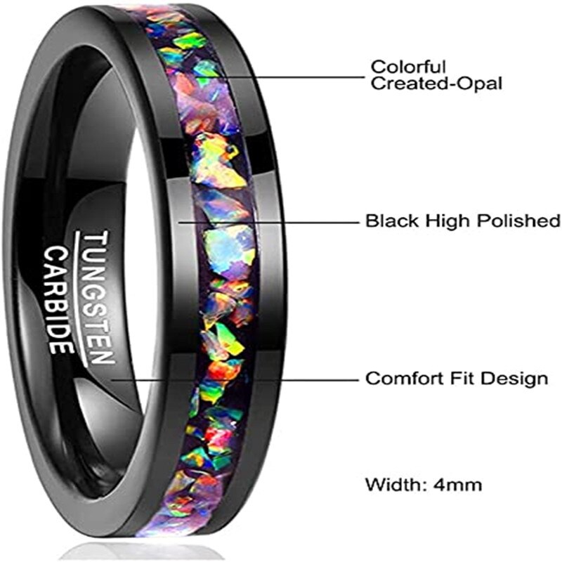 4mm Crushed Created-Opal Inlay Black Tungsten Women's Ring