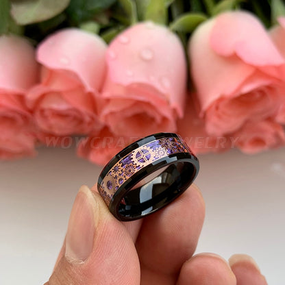 6mm, 8mm Rose Gold Gears Purple Carbon Fibre Inlay Black Tungsten Men's Ring
