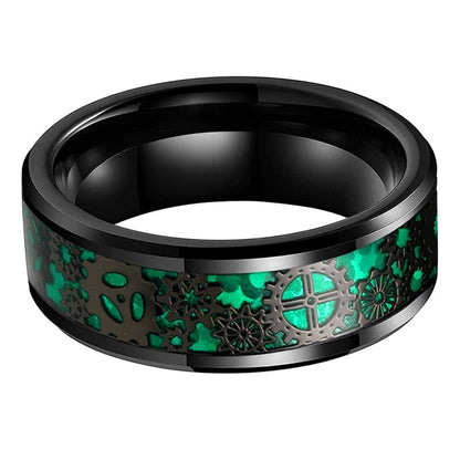 6mm, 8mm Green Opal Gear Inlay Black Tungsten Unisex Ring