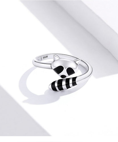 Cute Raccoon Animal 925 Sterling Silver & Black Enamel Women's Adjustable Ring