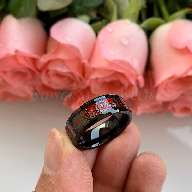 6mm, 8mm Gears Red Opal Inlay Black Unisex Ring