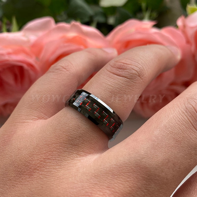 8mm Red Carbon Fibre Black Tungsten Men's Ring