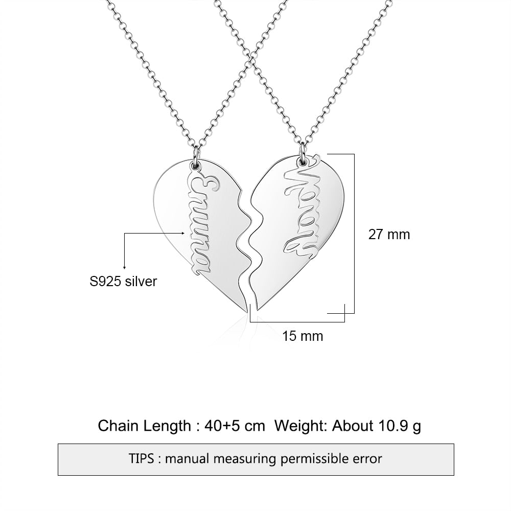 2 Personalized Names Half A Heart 925 Sterling Silver Matching Necklaces
