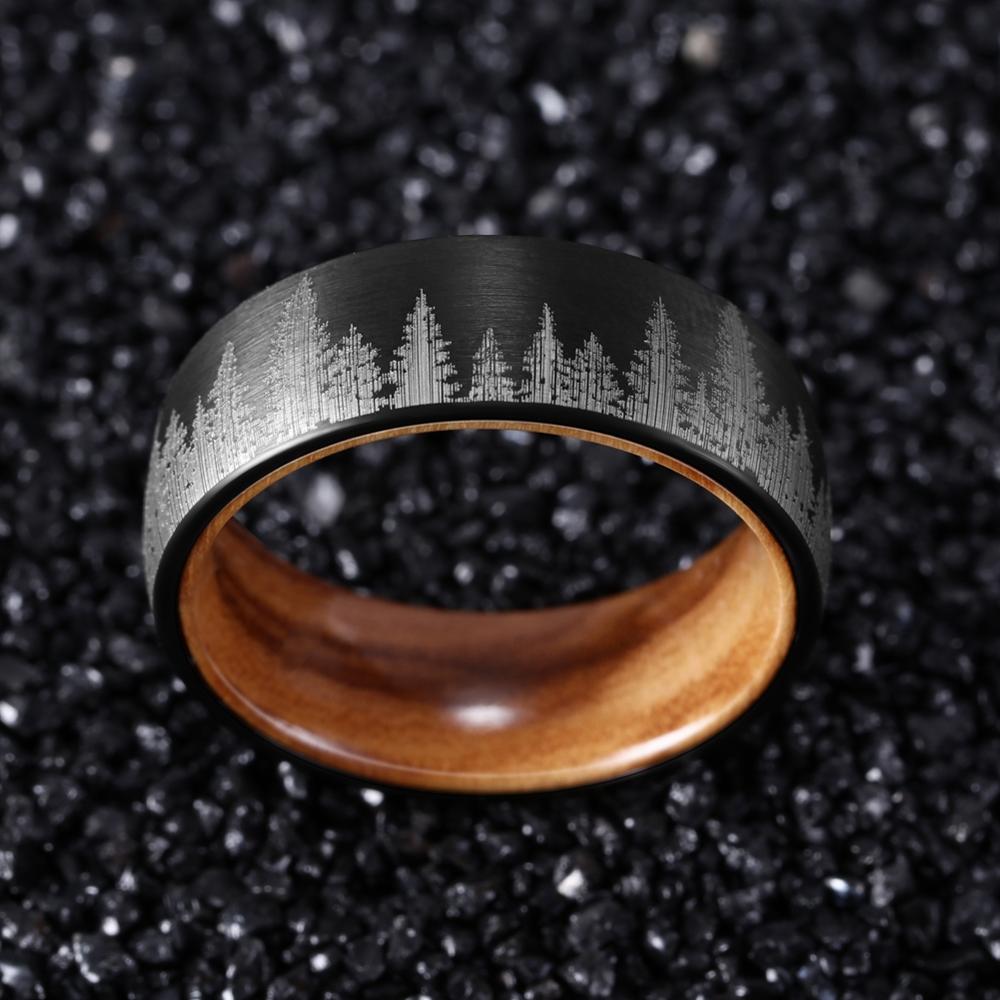 8mm Olive Wood Black Forest Nature Tungsten Unisex Ring