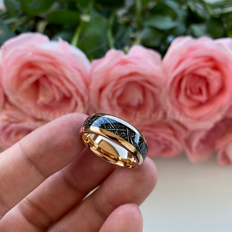 8mm Meteorite Domed Rose Gold Tungsten Black & Rose Gold Men's Ring