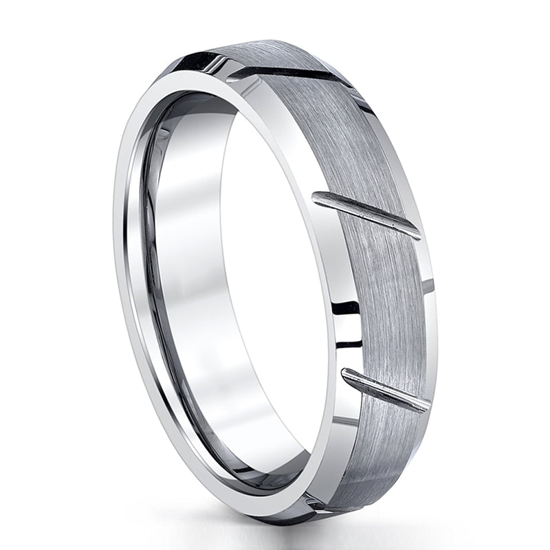 6mm, 8mm Unique Brushed Design Beveled Edges Tungsten Men's Ring