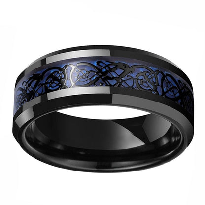 8mm Black Celtic Dragon Inlay & Blue Carbon Fibre Men's Ring