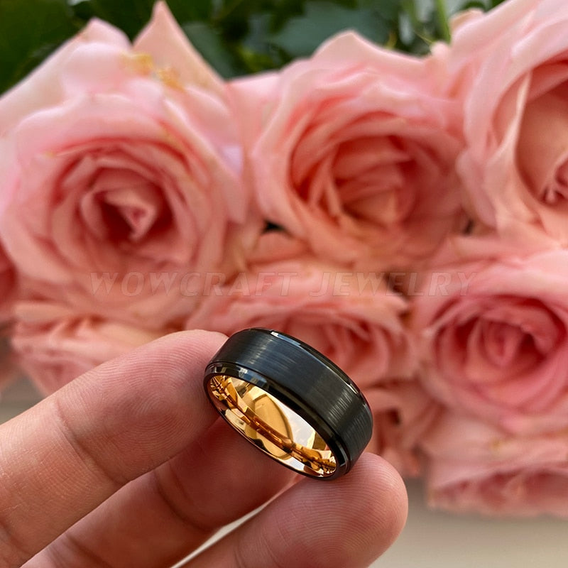 8mm Black Matte Brushed & Rose Gold Men's Ring