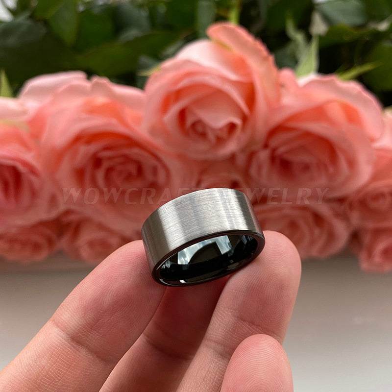 10mm Silver Matte Brushed & Black Tungsten Men's Ring