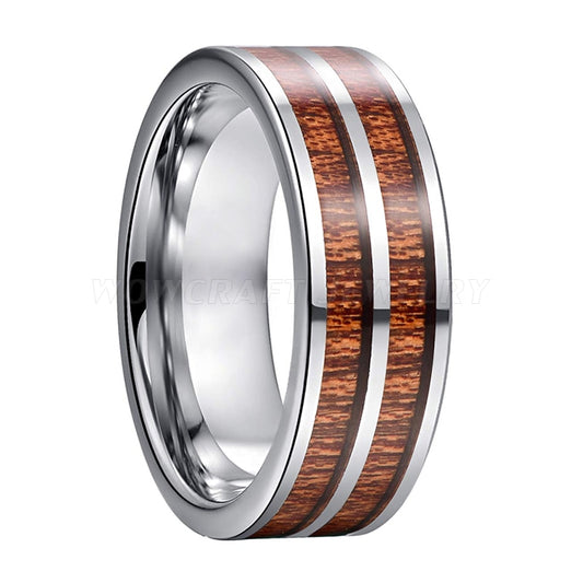8mm Double Koa Wood Inlay Silver Tungsten Men's Ring