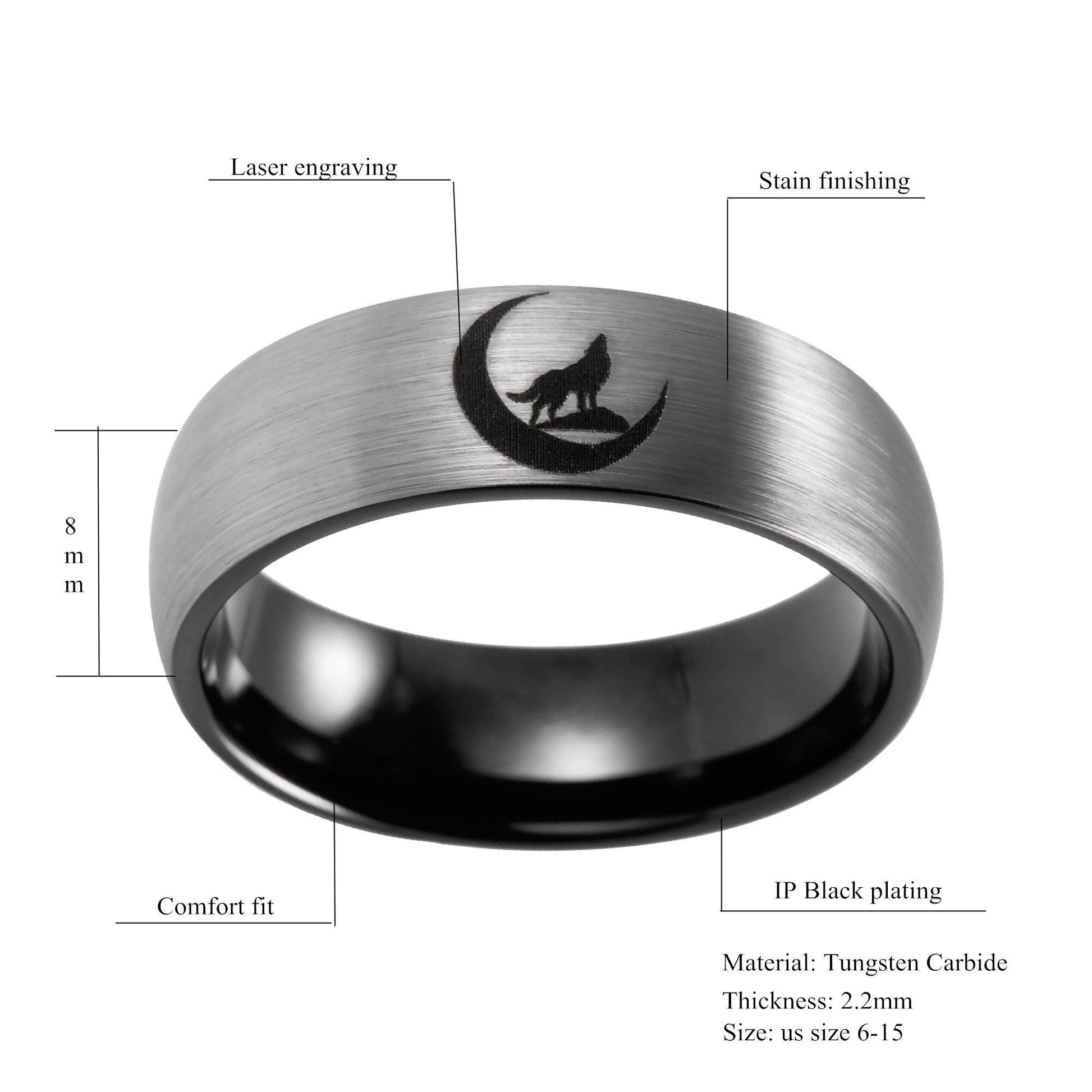8mm Howling Wolf & Moon Outdoors Men's Ring