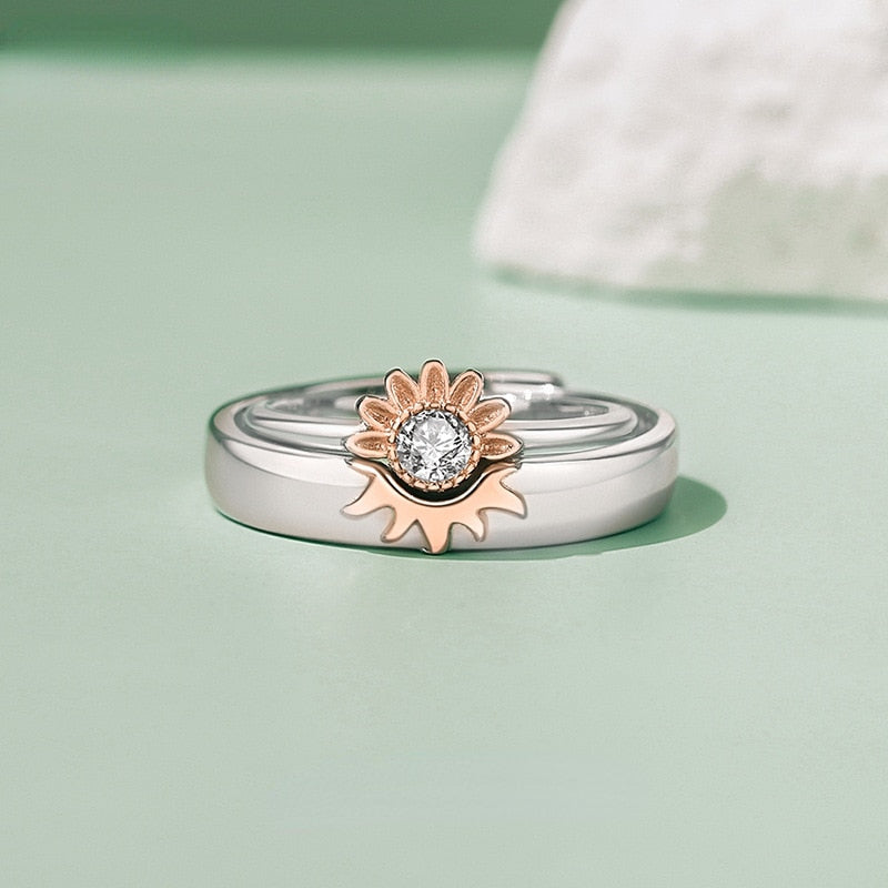 Joining Summer Sunflower 925 Sterling Silver Rings (2pc/Set) - Promise Rings