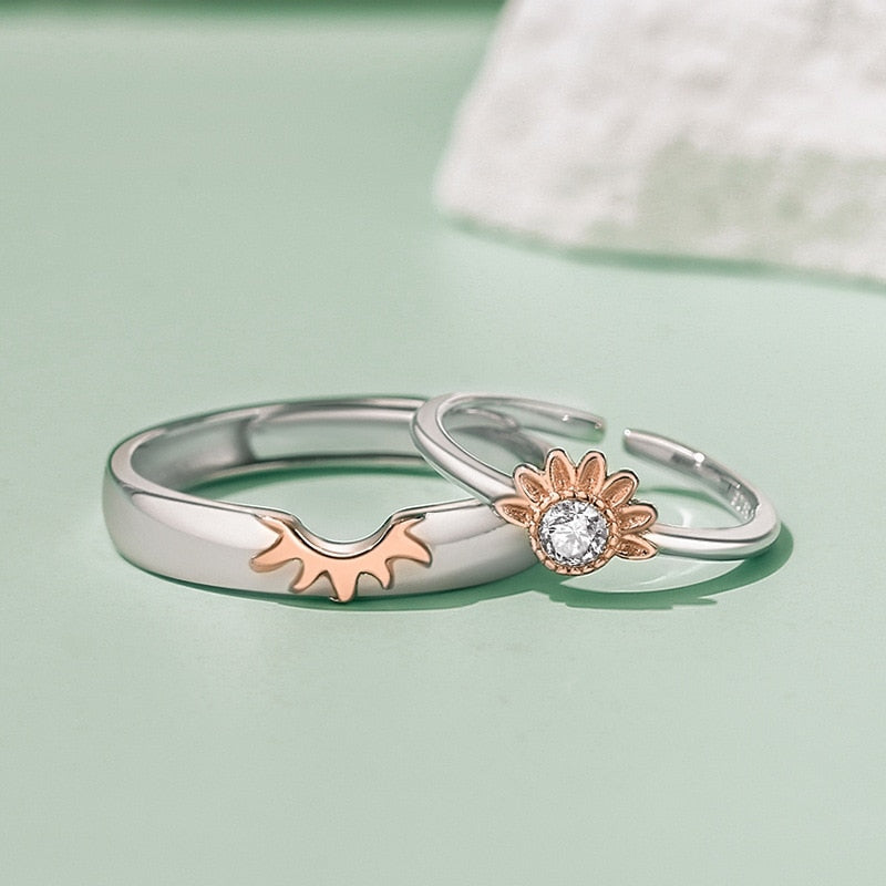 Joining Summer Sunflower 925 Sterling Silver Rings (2pc/Set) - Promise Rings