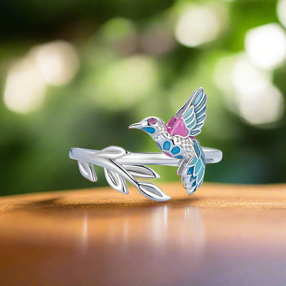 4mm Sterling Silver Kingfisher Ring – Colorful Bird & Leaf Branch Design (Women’s) - Promise Rings