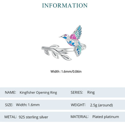 4mm Sterling Silver Kingfisher Ring – Colorful Bird & Leaf Branch Design (Women’s) - Promise Rings