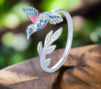 4mm Sterling Silver Kingfisher Ring – Colorful Bird & Leaf Branch Design (Women’s) - Promise Rings