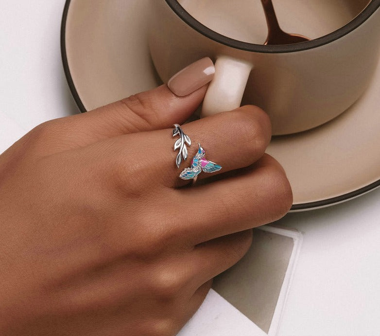 4mm Sterling Silver Kingfisher Ring – Colorful Bird & Leaf Branch Design (Women’s) - Promise Rings